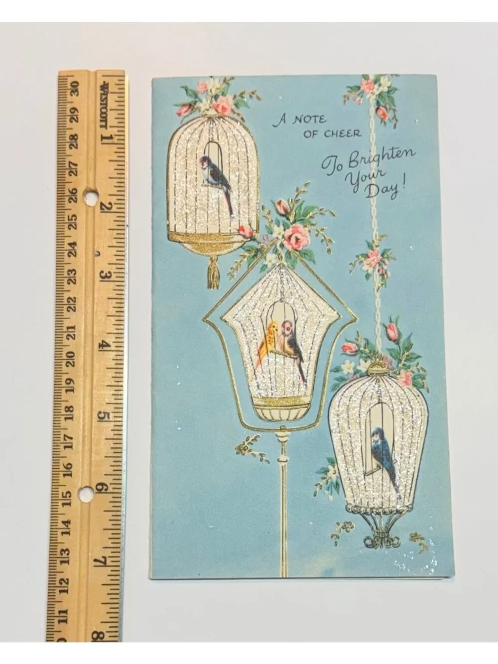 Vintage Pollyanna Greeting Card With Birdcage Design Glitter Accents Paper Ephem